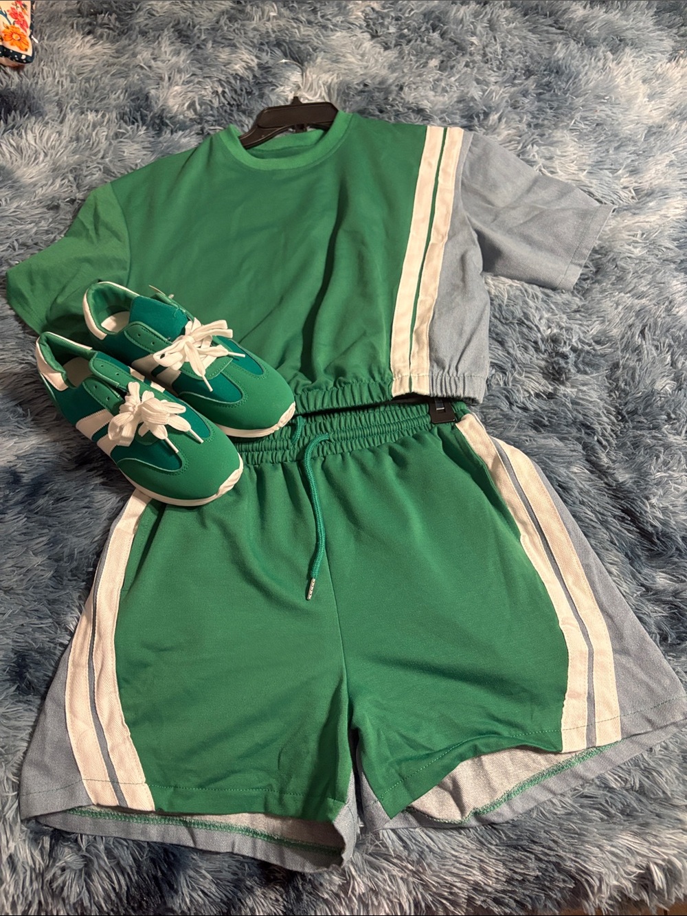 Green & Light Blue Athletic Short Set with Matching Sneakers